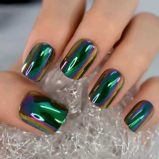 24 Oil Slick Chrome short Press on nails Purple Green glue on mirror shiny metallic gray dark holographic goth edgy
