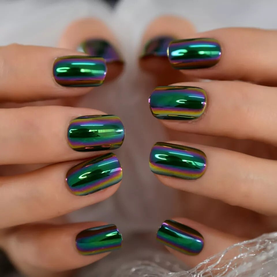 24 Oil Slick Chrome short Press on nails Purple Green glue on mirror shiny metallic gray dark holographic goth edgy