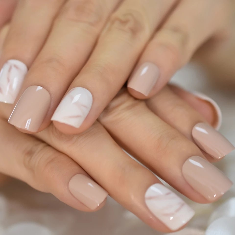 24 Nude Cream Marble Short Press On Nails kit glue on white khaki