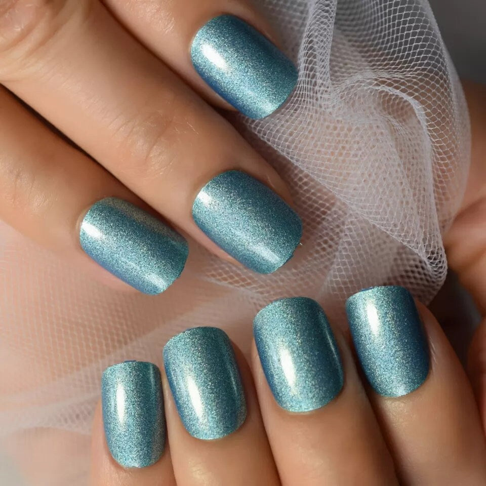 24 shiny blue mystic short press-on nails with glitter shimmer – trendy glue-on nail set surethings