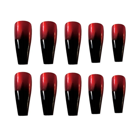 24 Pcs Ombre Red & Black Long Press On Nails – Gothic Coffin Mirror Set surethings