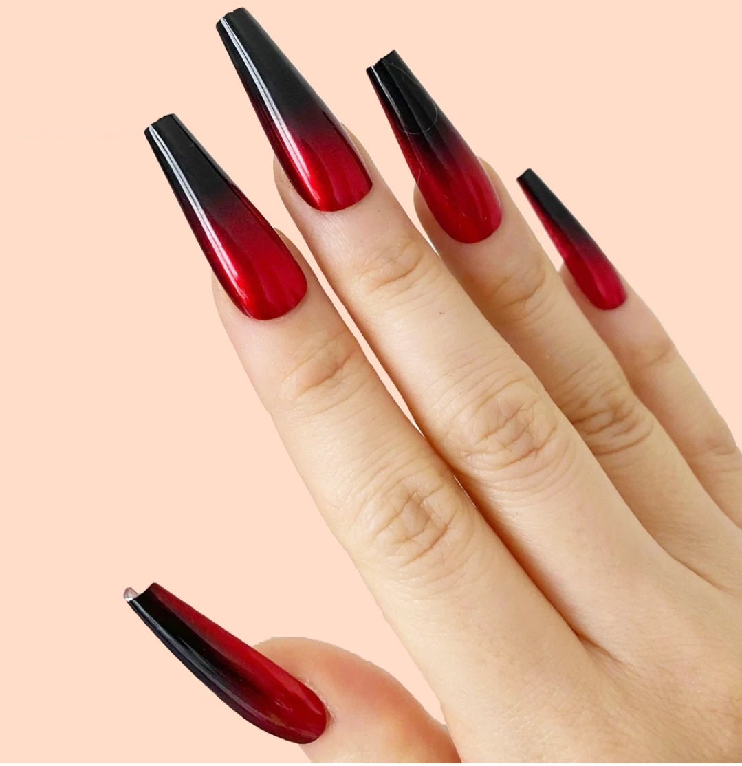 24 Pcs Ombre Red & Black Long Press On Nails – Gothic Coffin Mirror Set surethings
