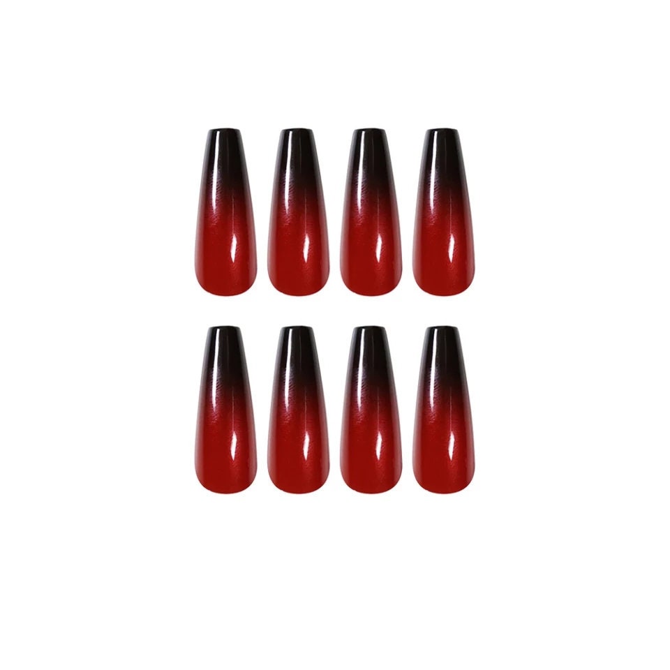 24 Pcs Ombre Red & Black Long Press On Nails – Gothic Coffin Mirror Set surethings