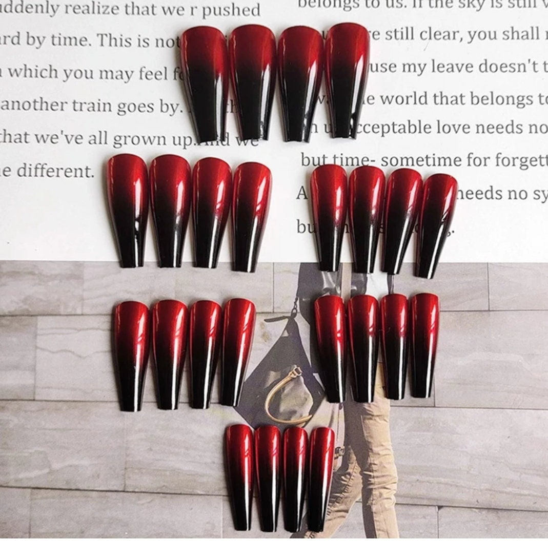 24 Pcs Ombre Red & Black Long Press On Nails – Gothic Coffin Mirror Set surethings