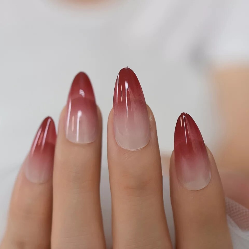 Goth Red Ombre Stiletto Long Press On Nails with Nude & Maroon French Tip Design surethings