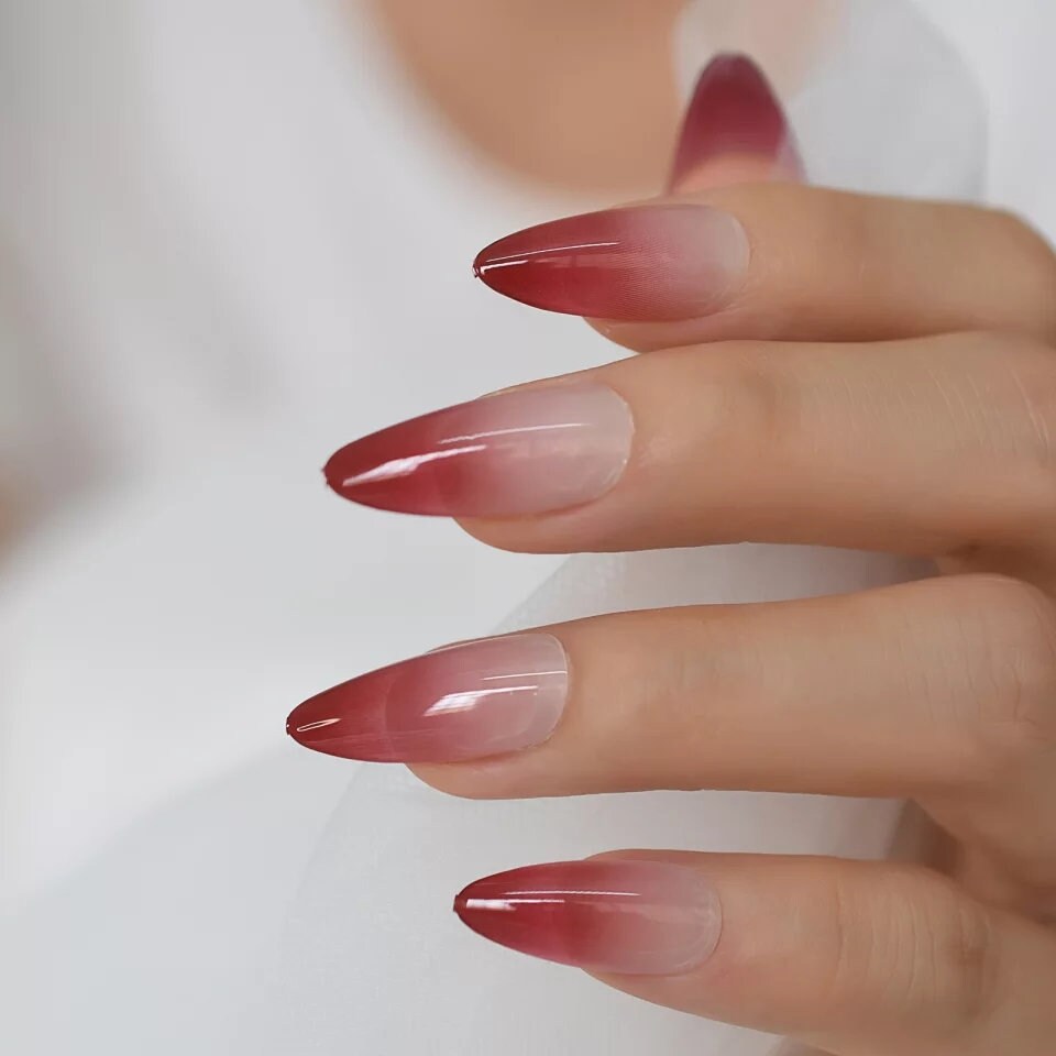 Goth Red Ombre Stiletto Long Press On Nails with Nude & Maroon French Tip Design surethings