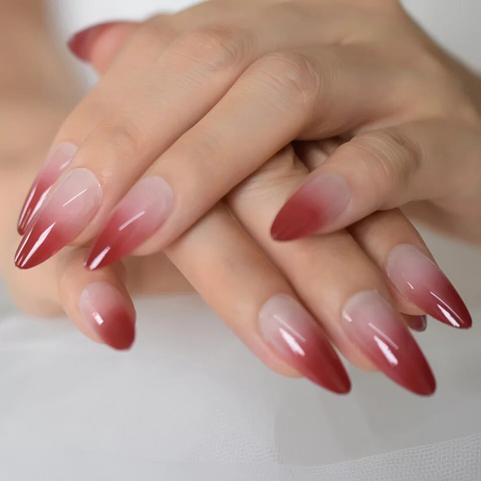Goth Red Ombre Stiletto Long Press On Nails with Nude & Maroon French Tip Design surethings