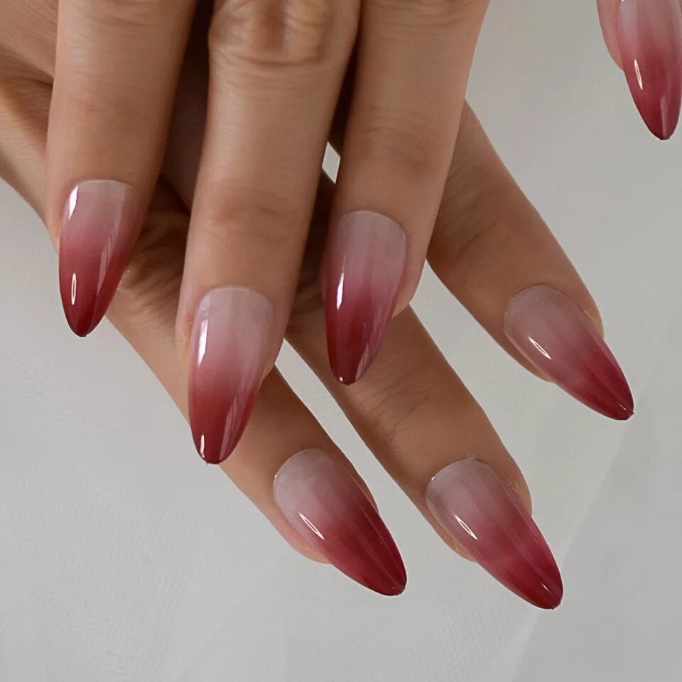 Goth Red Ombre Stiletto Long Press On Nails with Nude & Maroon French Tip Design surethings