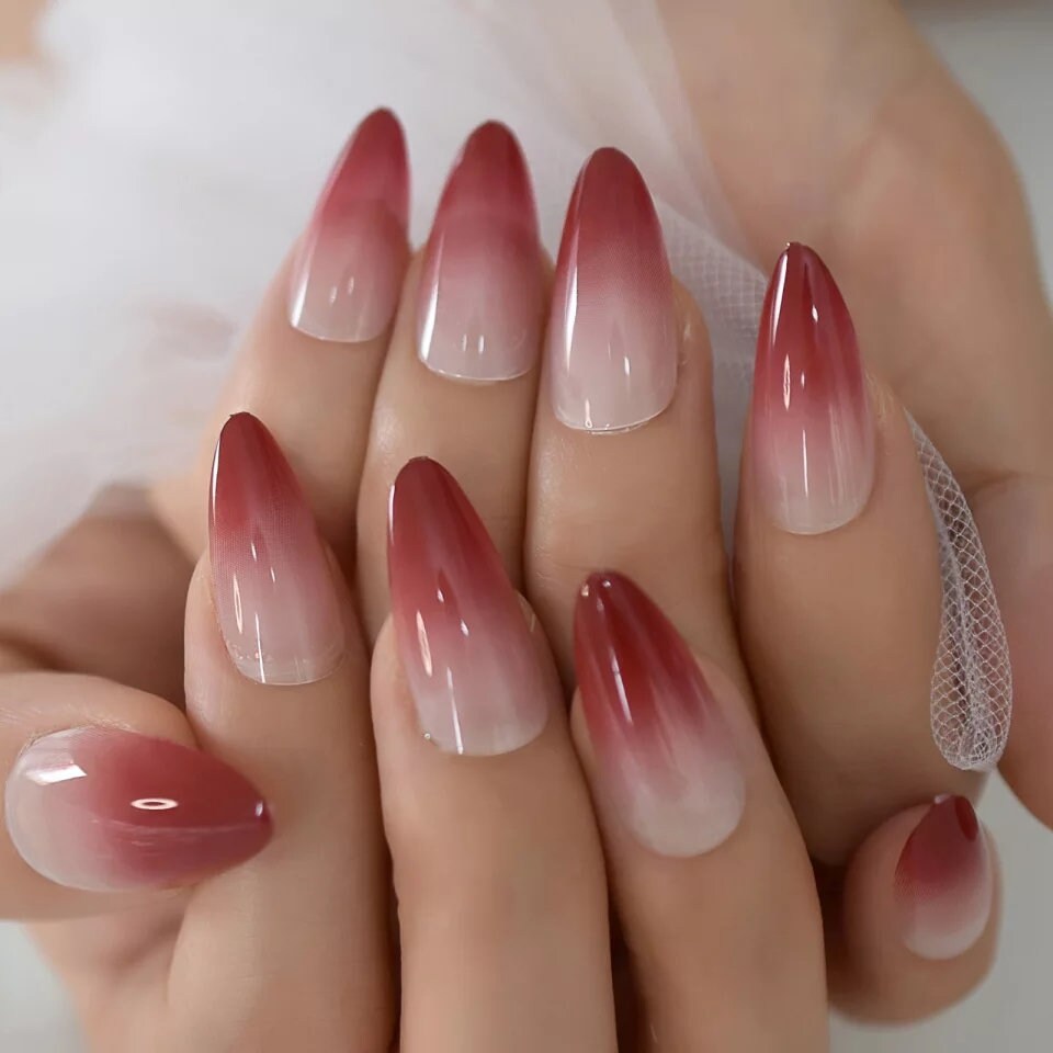 Goth Red Ombre Stiletto Long Press On Nails with Nude & Maroon French Tip Design surethings