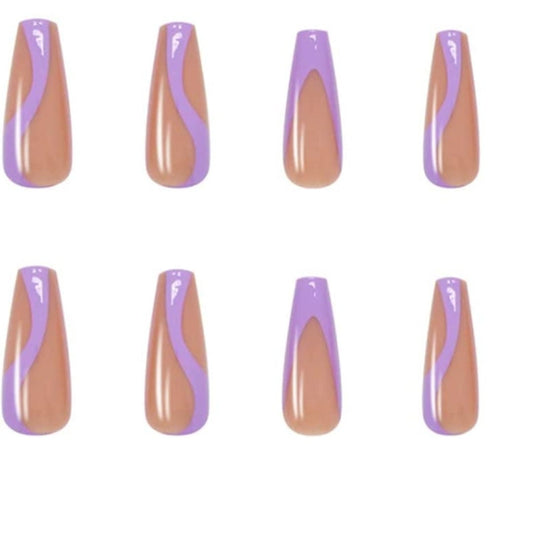 24 Nude Purple Swirl design Long Press on nails glue on Coffin Long extra manicure beige tan