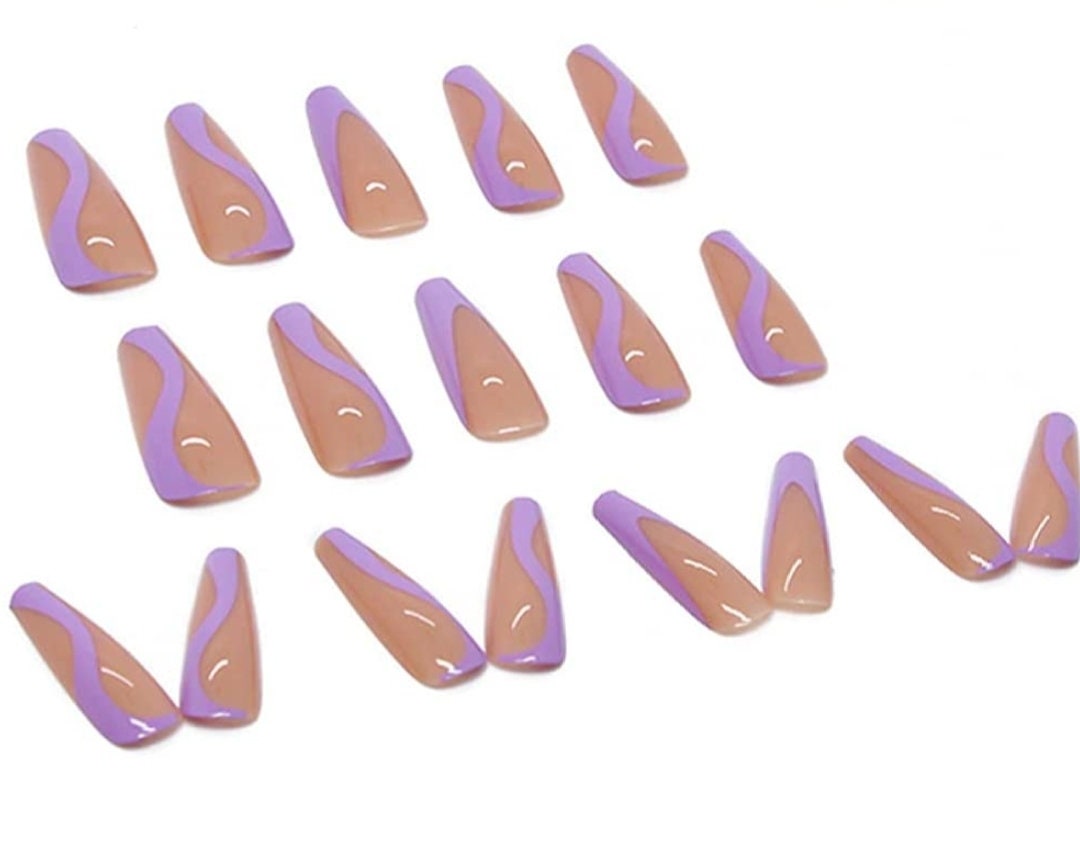 24 Nude Purple Swirl design Long Press on nails glue on Coffin Long extra manicure beige tan