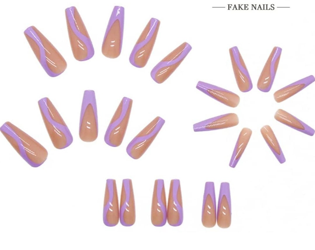 24 Nude Purple Swirl design Long Press on nails glue on Coffin Long extra manicure beige tan