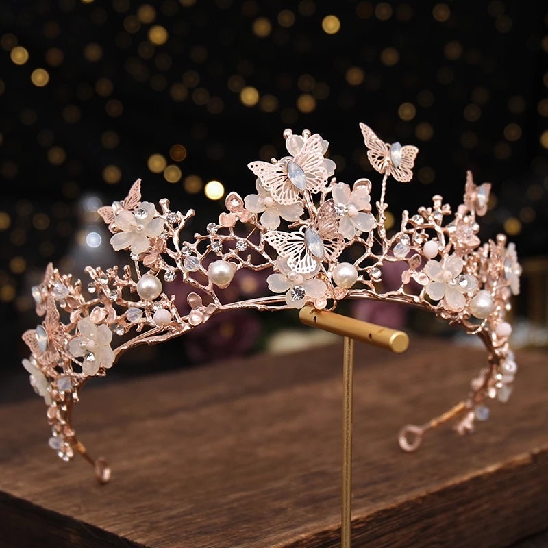 Rose Gold Butterfly Princess Tiara Detailed Princess Queen headdress