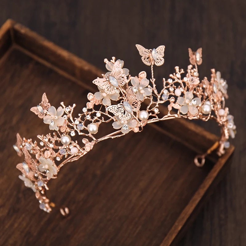 Rose Gold Butterfly Princess Tiara Detailed Princess Queen headdress