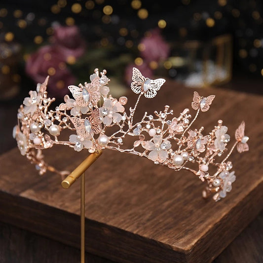 Rose Gold Butterfly Princess Tiara Detailed Princess Queen headdress