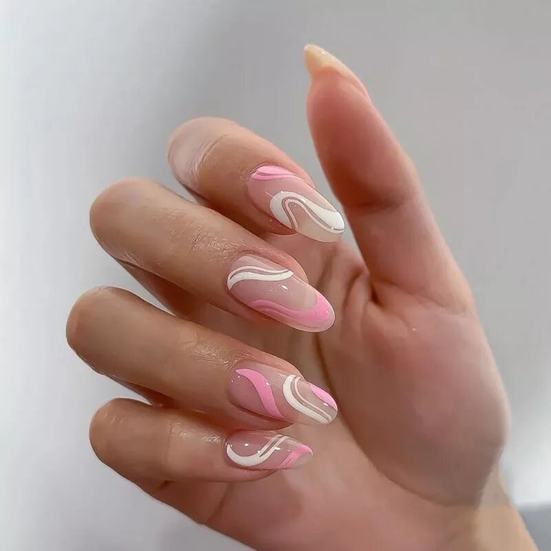 24 Swirl design almond Press on nails kit pink white glue on medium almond manicure nude lava