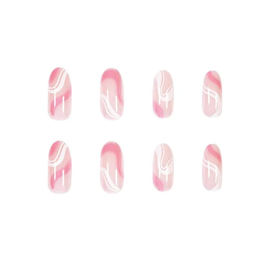24 Swirl design almond Press on nails kit pink white glue on medium almond manicure nude lava