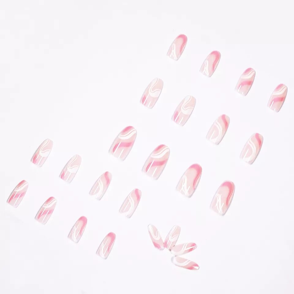 24 Swirl design almond Press on nails kit pink white glue on medium almond manicure nude lava