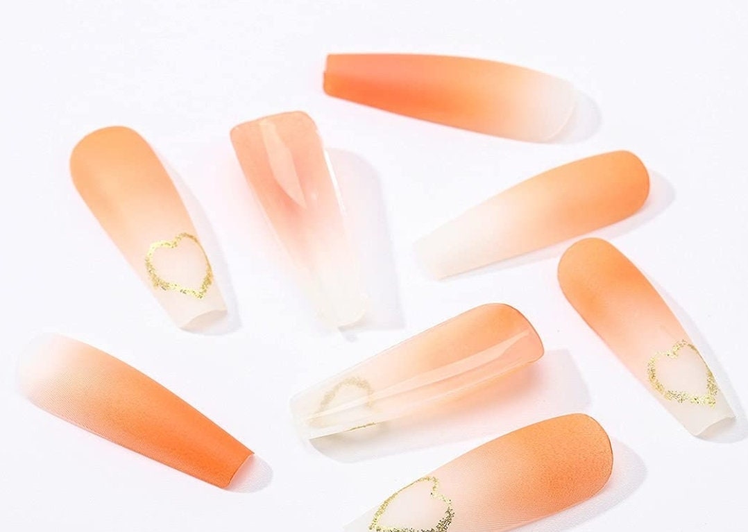 24 Frosted Peach Long Press on nails glue on Coffin manicure nude spring gold orange
