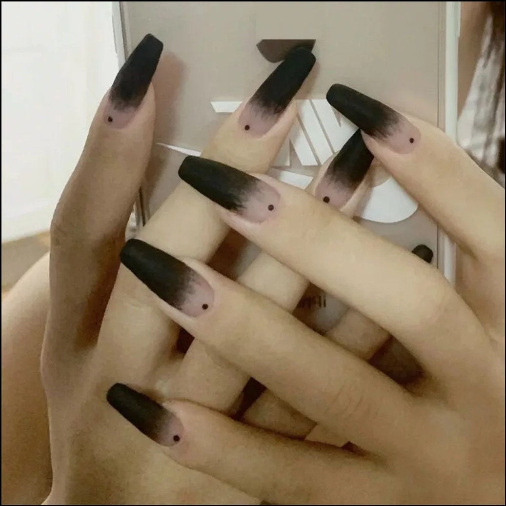 Matte goth black press on nails with frosted finish, long coffin shape, and glass dot detail – glue-on kit surethings