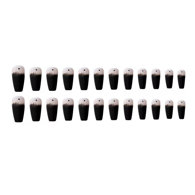 Matte goth black press on nails with frosted finish, long coffin shape, and glass dot detail – glue-on kit surethings