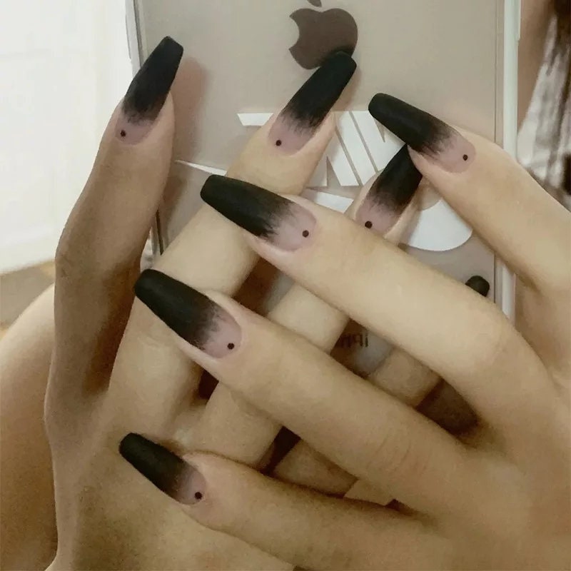 Matte goth black press on nails with frosted finish, long coffin shape, and glass dot detail – glue-on kit surethings