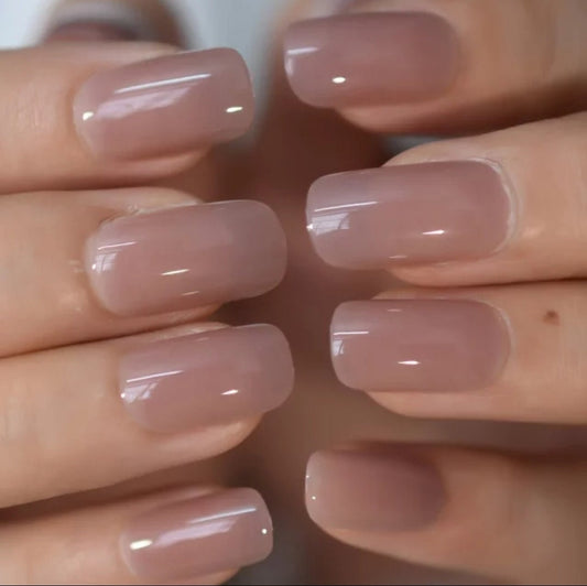 24 Nude Gel Glaze Medium Square Long press on Nails Glue on clear monochrome glossy