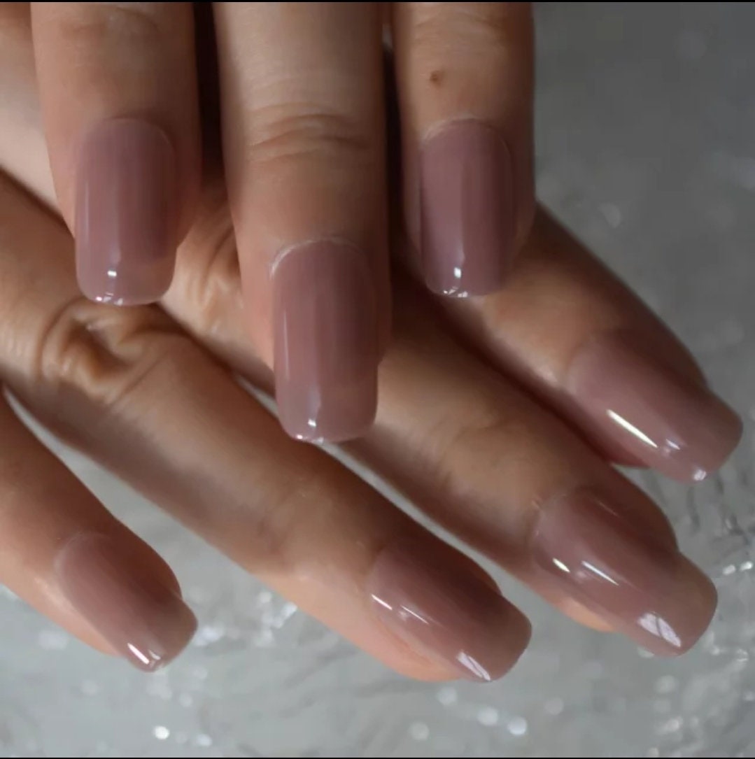 24 Nude Gel Glaze Medium Square Long press on Nails Glue on clear monochrome glossy