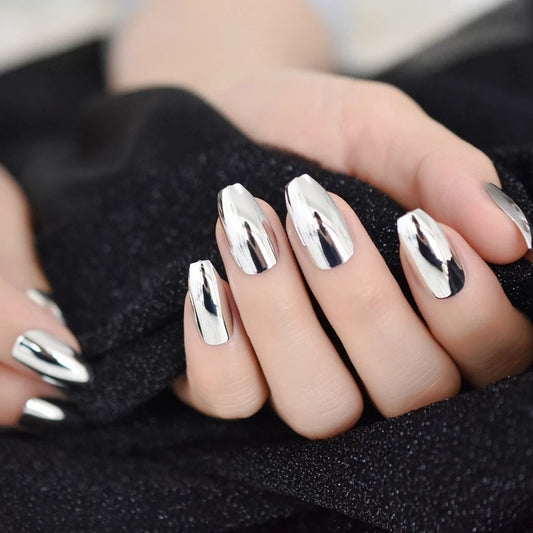 24 Silver Chrome Short Press On Nails – Metallic Mirror Coffin Shape surethings