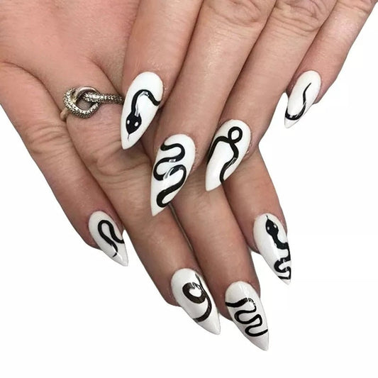 White Press on Nails with Snake Design – Medium Stiletto Edgy Gothic Style surethings