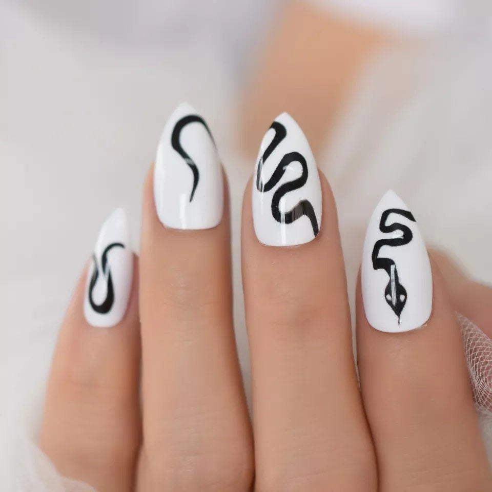 24 Snake Design White Press on nails kit glue on edgy goth snake long emo alt hot pointed stiletto medium