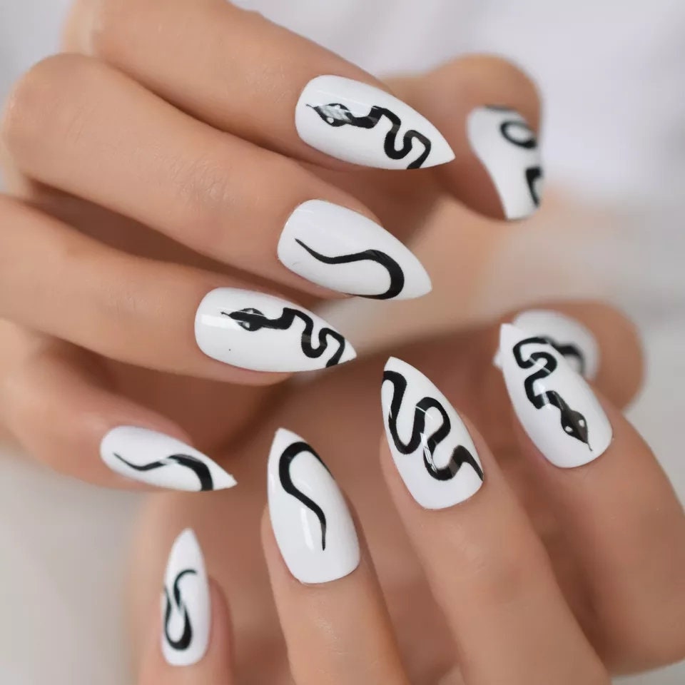 24 Snake Design White Press on nails kit glue on edgy goth snake long emo alt hot pointed stiletto medium
