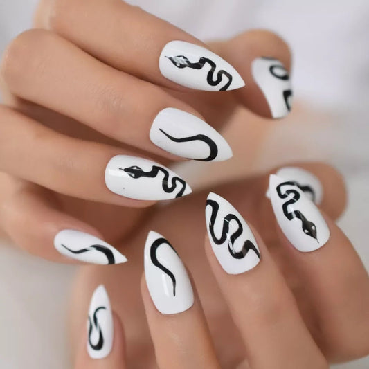 White Press on Nails with Snake Design – Medium Stiletto Edgy Gothic Style surethings