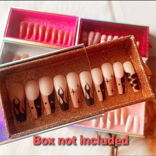 24 extra long press-on nails in matte tan nude coffin shape with black flame and brown design surethings