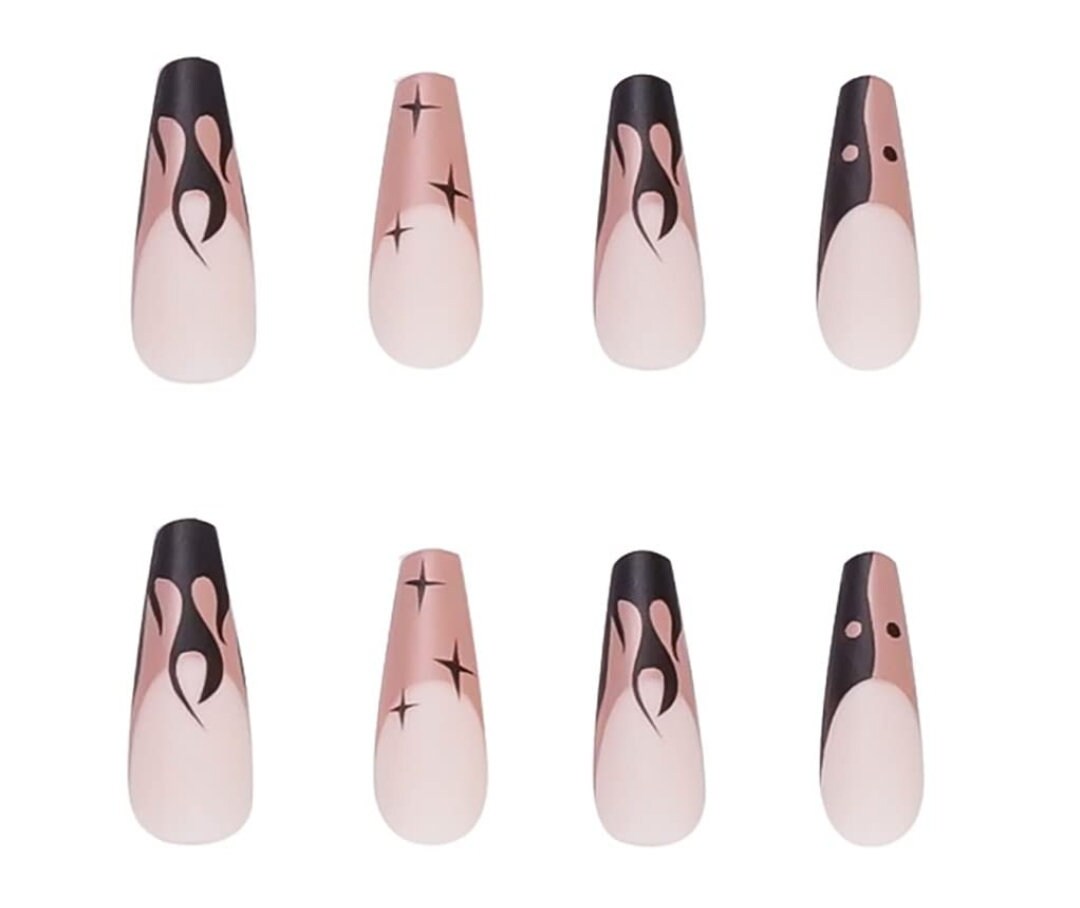 24 Matte Tan nude coffin Extra Long press on nails black flame brown 