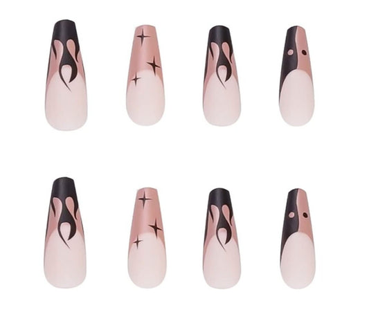 24 extra long press-on nails in matte tan nude coffin shape with black flame and brown design surethings