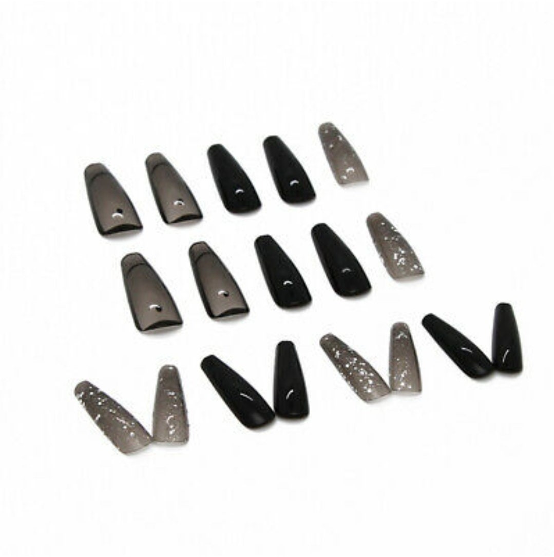 24 Clear Jelly black Glitter Long Press on Nails kit glue on dark bling monochrome gray goth
