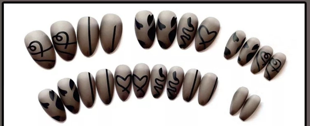 24 Gothic Frosted glass Matte Black Press on nails medium almond kit glue on edgy goth detail vine drawing line heart
