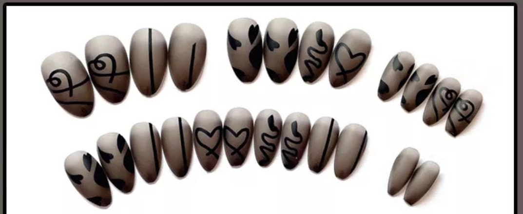 24 gothic frosted glass black matte press-on nails in medium almond shape – edgy glue-on nail kit surethings