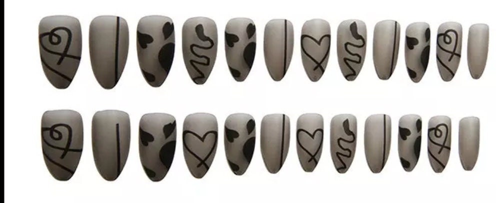 24 Gothic Frosted glass Matte Black Press on nails medium almond kit glue on edgy goth detail vine drawing line heart