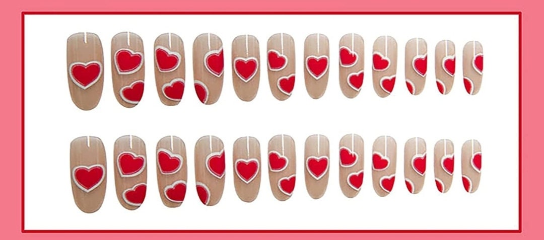 24 Nude Long Press On Nails Hearts medium Long rounded almond glue on pink cute kawaii cherries cherry French white