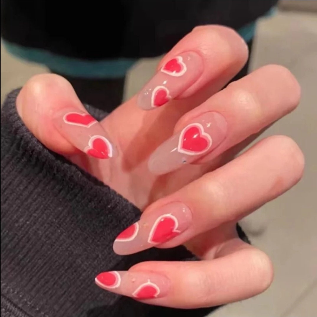 Long Press On Nails – Nude Almond with Pink Cherry Hearts and French Tips surethings