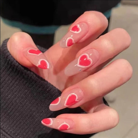 Long Press On Nails – Nude Almond with Pink Cherry Hearts and French Tips surethings