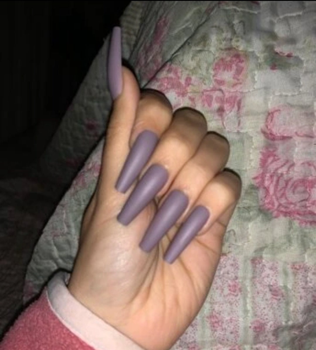 24 Matte Dark Purple Long Press on nails glue on coffin