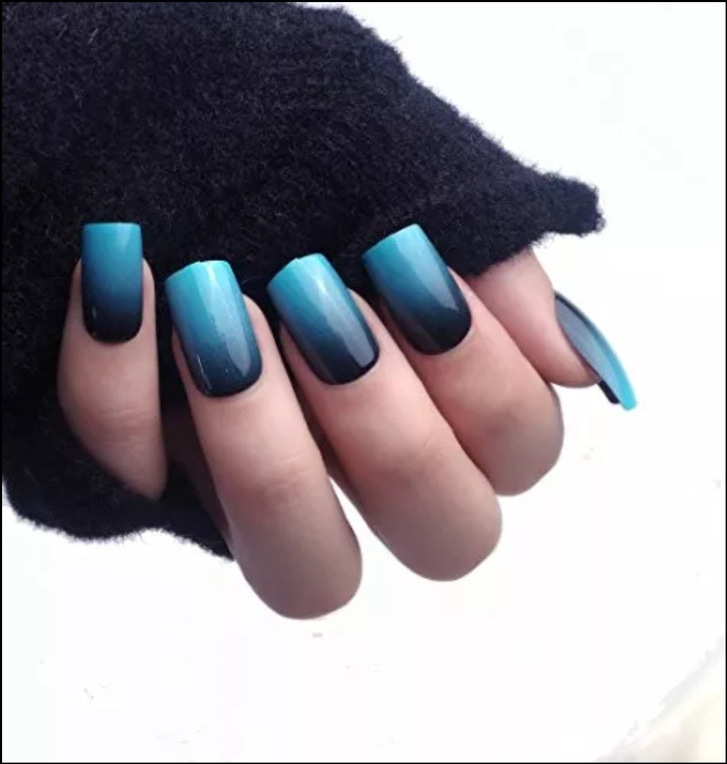 24PCS Blue & Black Ombre Long Press On Nails – Nude Medium French Tip Square Glue-On Set surethings