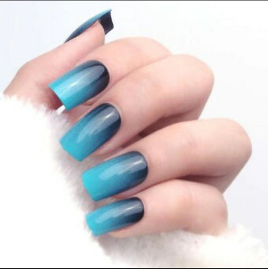 24PCS Blue & Black Ombre Long Press On Nails – Nude Medium French Tip Square Glue-On Set surethings