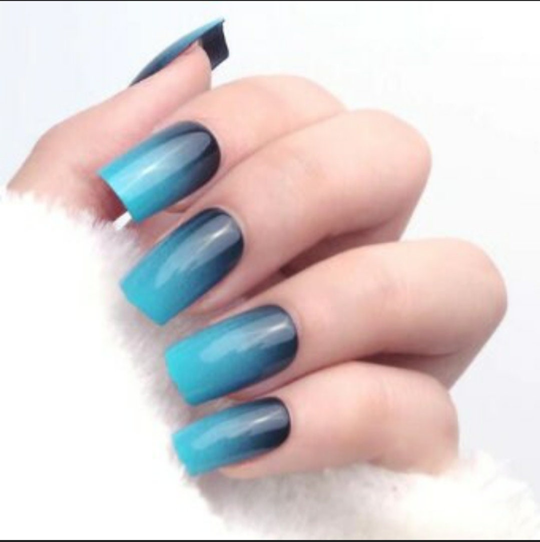 24PCS Blue & Black Ombre Long Press On Nails – Nude Medium French Tip Square Glue-On Set surethings