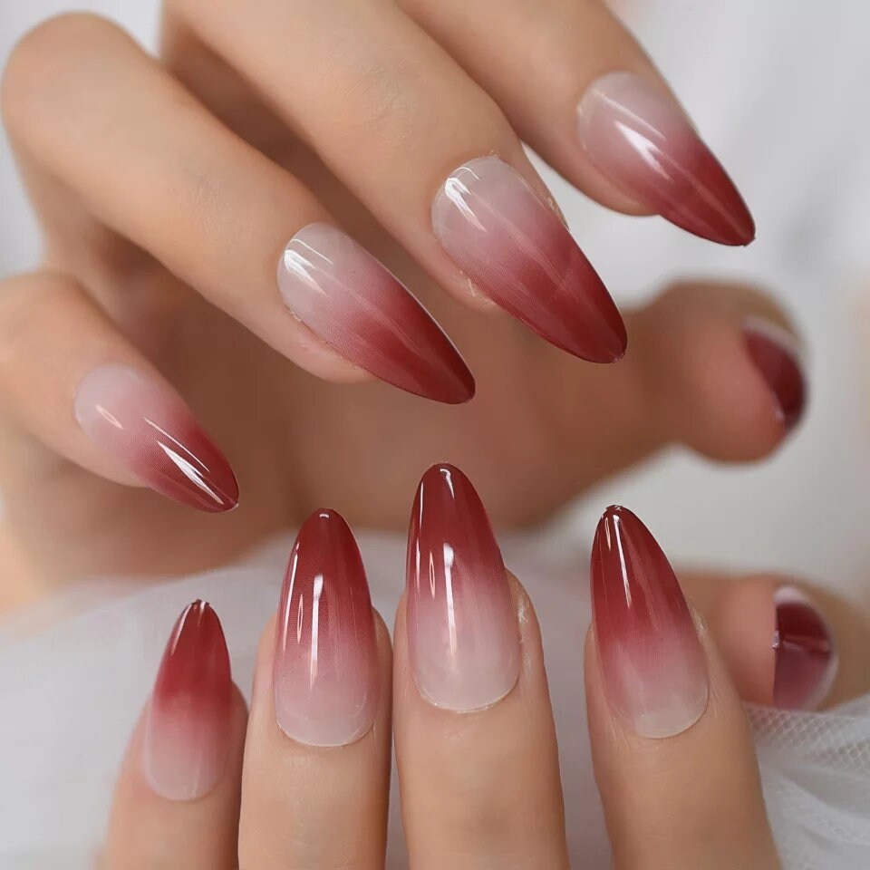 Goth Red Ombre Stiletto Long Press On Nails with Nude & Maroon French Tip Design surethings