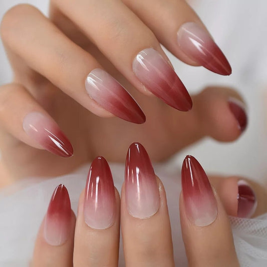 Goth Red Ombre Stiletto Long Press On Nails with Nude & Maroon French Tip Design surethings