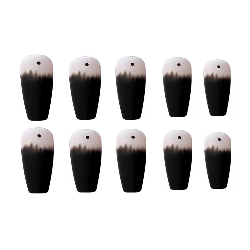 Matte goth black press on nails with frosted finish, long coffin shape, and glass dot detail – glue-on kit surethings